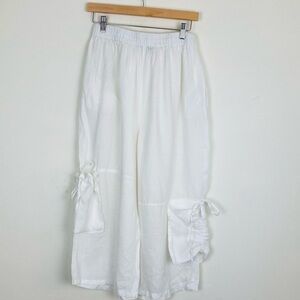 Pegasus linen Lagenlook white cropped wide leg pants with cargo pockets. 1X XL